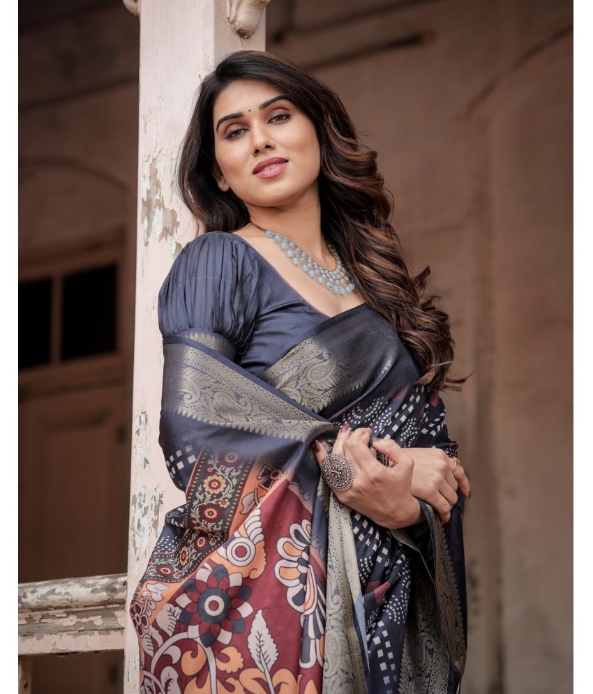     			Almaari Fashion Cotton Silk Printed Saree With Blouse Piece ( Blue , Pack of 1 )