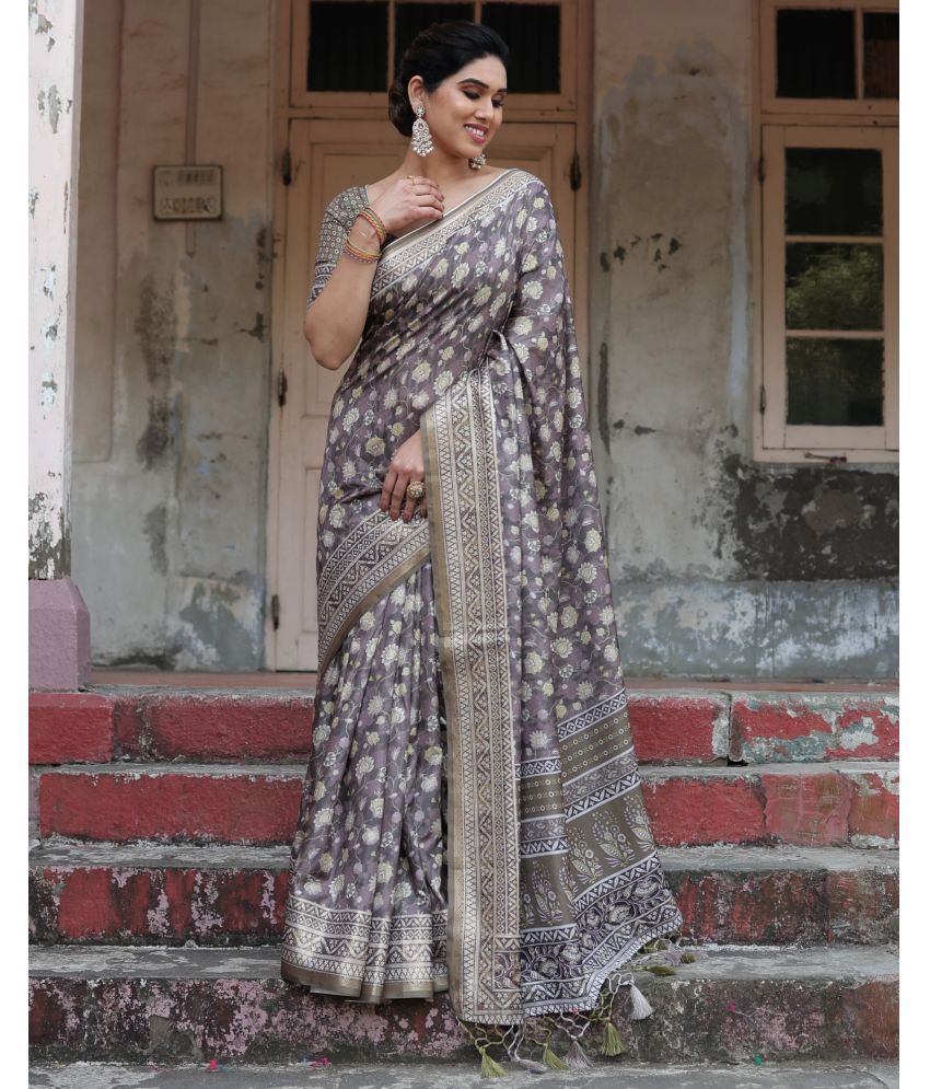     			Almaari Fashion Cotton Silk Printed Saree With Blouse Piece ( Grey , Pack of 1 )