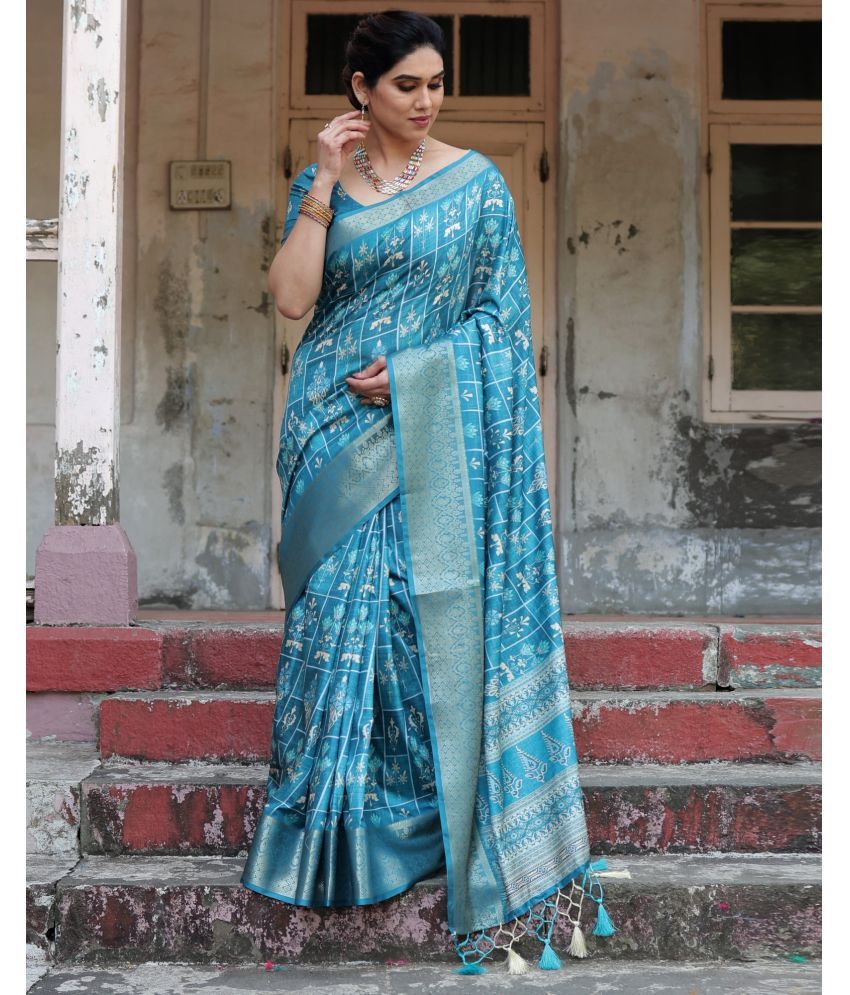     			Almaari Fashion Cotton Silk Printed Saree With Blouse Piece ( Light Blue , Pack of 1 )