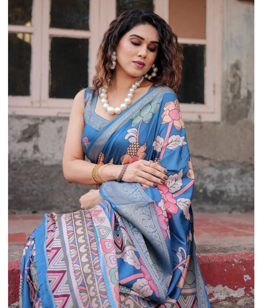     			Almaari Fashion Cotton Silk Printed Saree With Blouse Piece ( Blue , Pack of 1 )