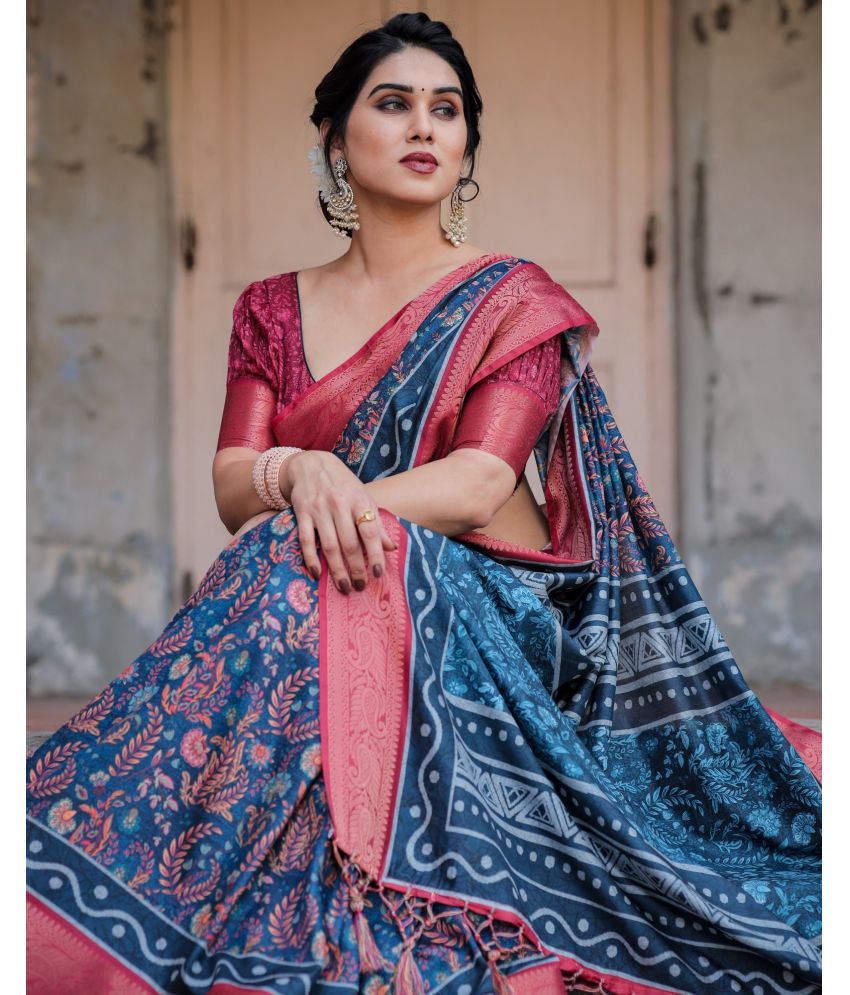     			Almaari Fashion Cotton Silk Printed Saree With Blouse Piece ( Blue , Pack of 1 )