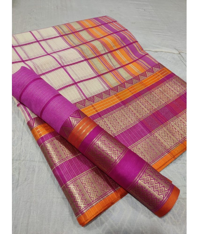     			ALSHOP Cotton Checks Saree With Blouse Piece ( Cream , Pack of 1 )