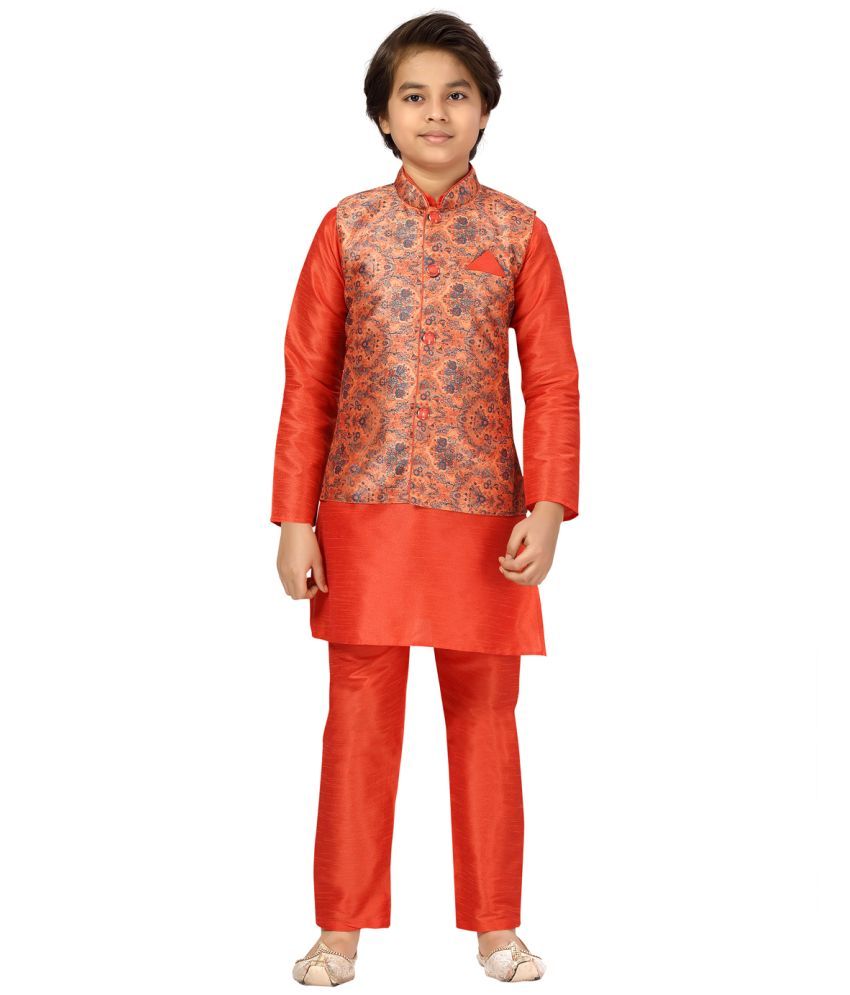     			Aarika Boys Silk Floral - Pattern Kurta Pyjama Set ( Orange , Pack of 1 )