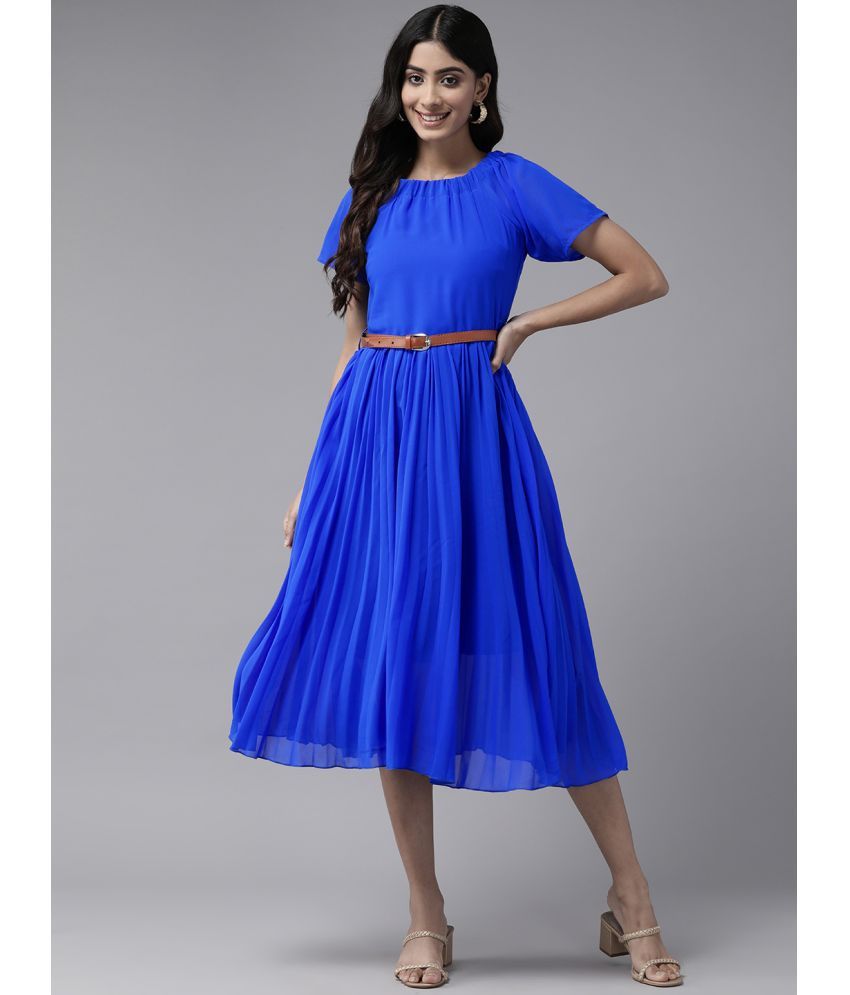     			Aarika Georgette Solid Calf-Length Women's Fit & Flare Dress - Blue ( Pack of 1 )