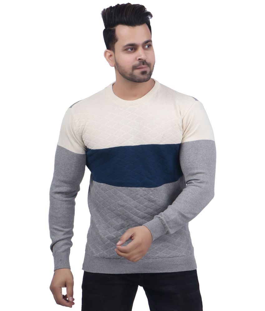     			FEVERFEW Cotton Blend Round Neck Men's Full Sleeves Pullover Sweater - Light Grey ( Pack of 1 )