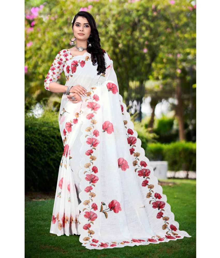     			Kalpana Creation Linen Printed Saree With Blouse Piece ( White , Pack of 1 )