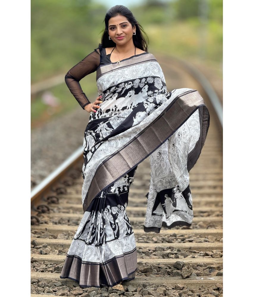     			Magneitta Art Silk Printed Saree With Blouse Piece ( Black , Pack of 1 )