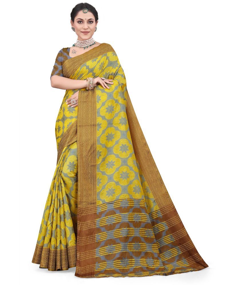     			Magneitta Cotton Silk Embellished Saree With Blouse Piece ( Yellow , Pack of 1 )