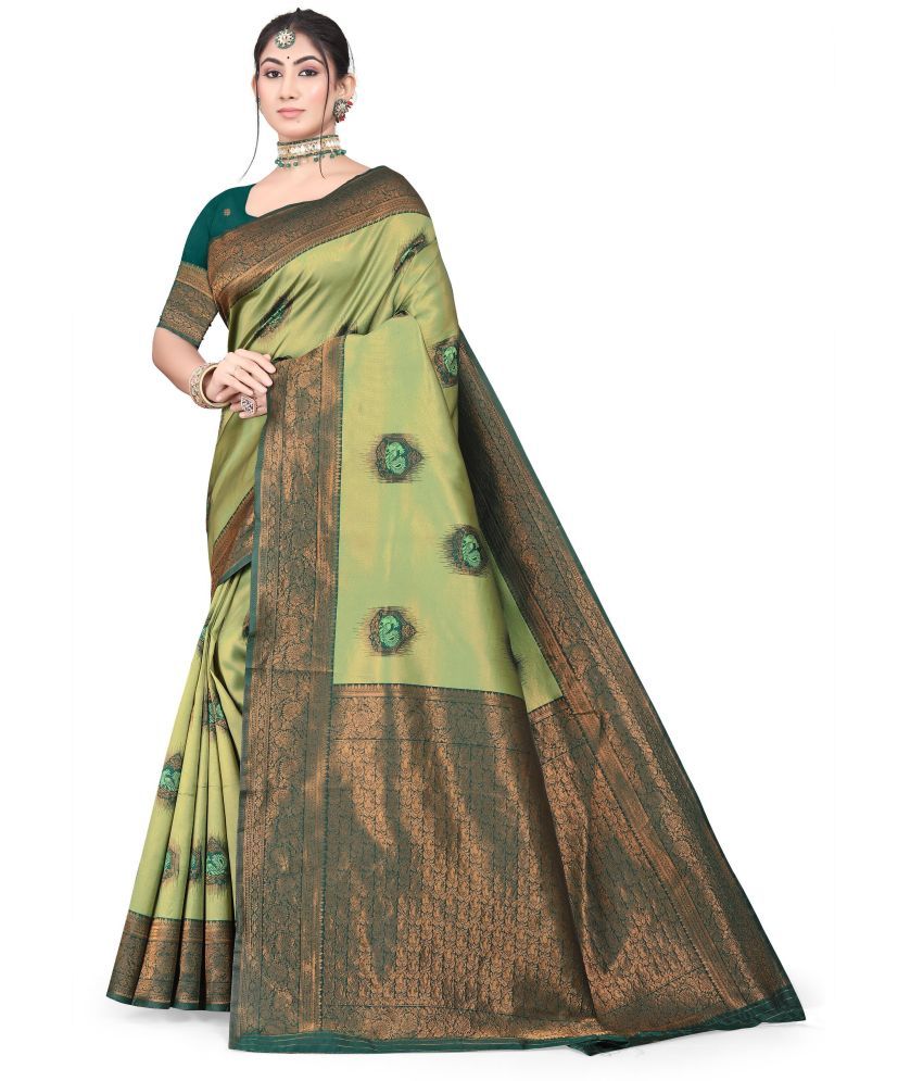     			Magneitta Cotton Silk Woven Saree With Blouse Piece ( Light Green , Pack of 1 )