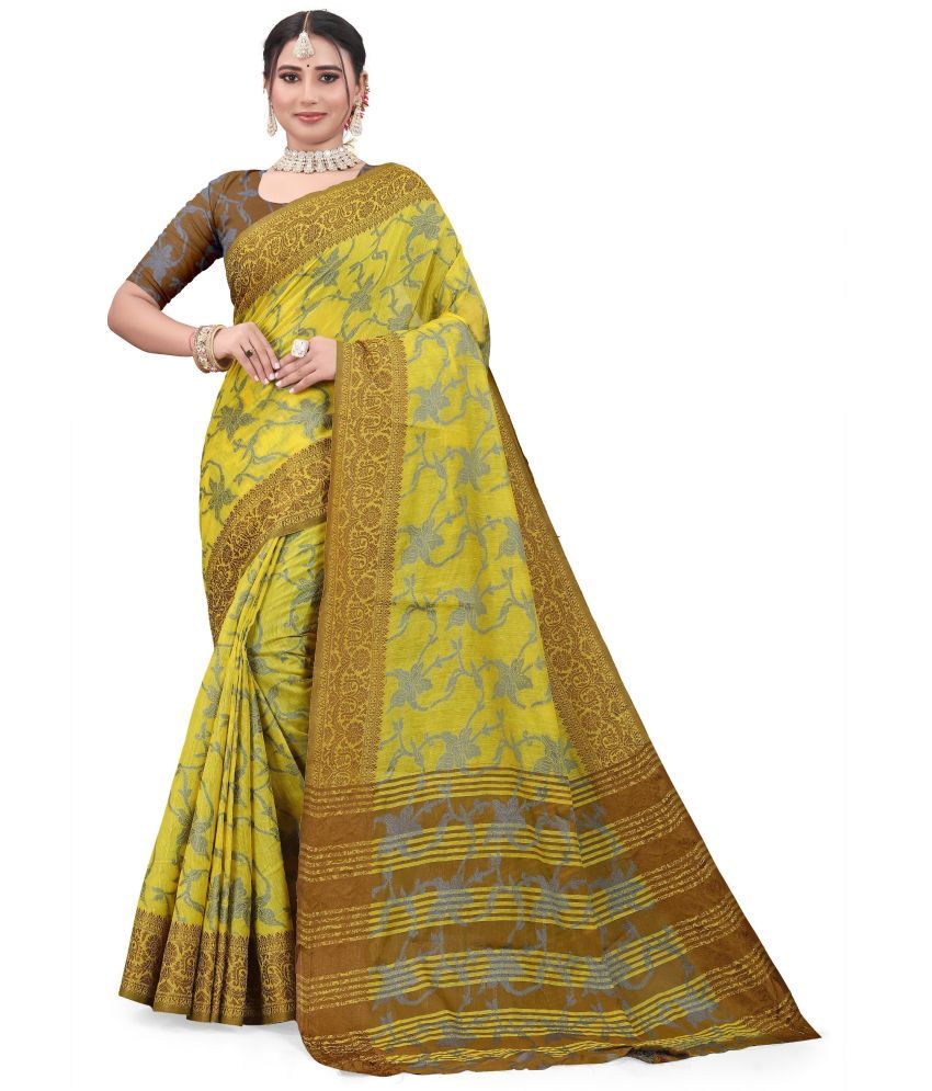     			Magneitta Silk Blend Printed Saree With Blouse Piece ( Yellow , Pack of 1 )