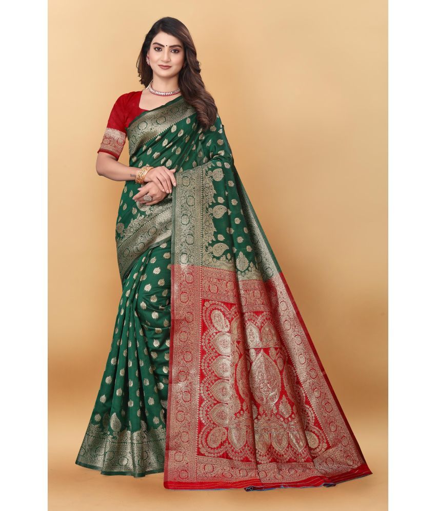     			Magneitta Silk Woven Saree With Blouse Piece ( Green , Pack of 1 )