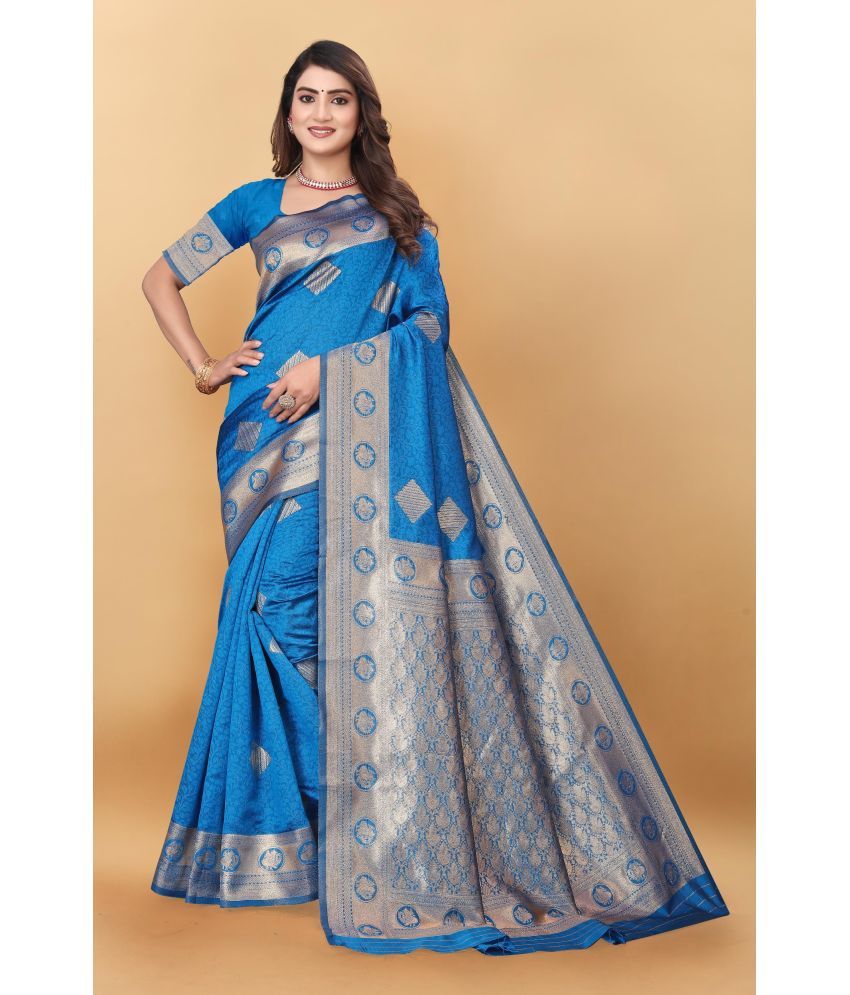     			Magneitta Silk Woven Saree With Blouse Piece ( Light Blue , Pack of 1 )