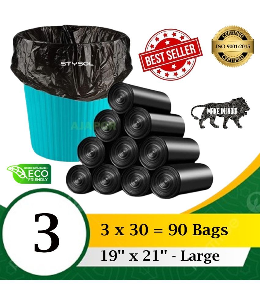     			Oxo-Bio Degradable Garbage Bags Small (19 x 21 inches)- 30 Bags | Roll ( Pack of 3), Black, Eco friendly Bags, for Home, Kitchen and Office Small 10 L Garbage Bag (90 Bag)