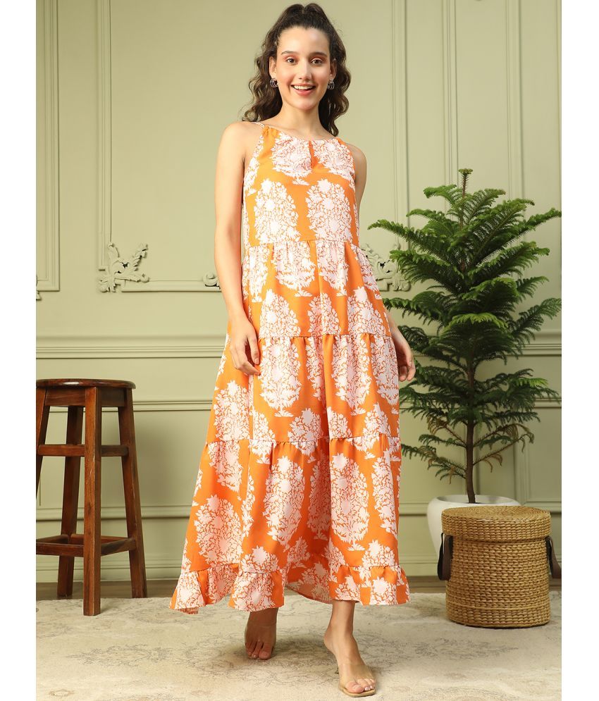     			Oxolloxo Viscose Rayon Printed Full Length Women's Fit & Flare Dress - Orange ( Pack of 1 )