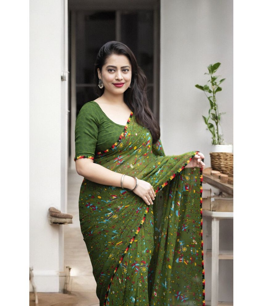     			TTH Georgette Printed Saree With Blouse Piece ( Green , Pack of 1 )