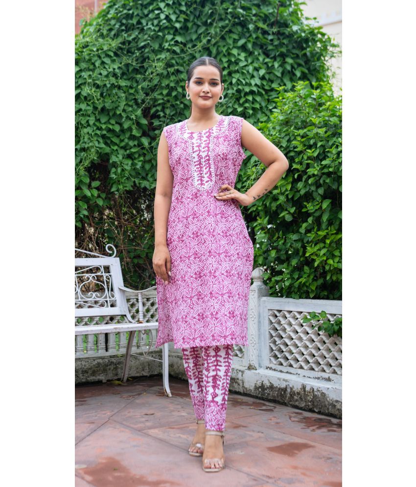     			anushansa Cotton Printed Kurti With Pants Women's Stitched Salwar Suit - Pink ( Pack of 1 )