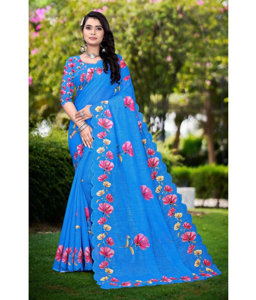     			supalee Tex Linen Printed Saree With Blouse Piece ( Blue , Pack of 1 )