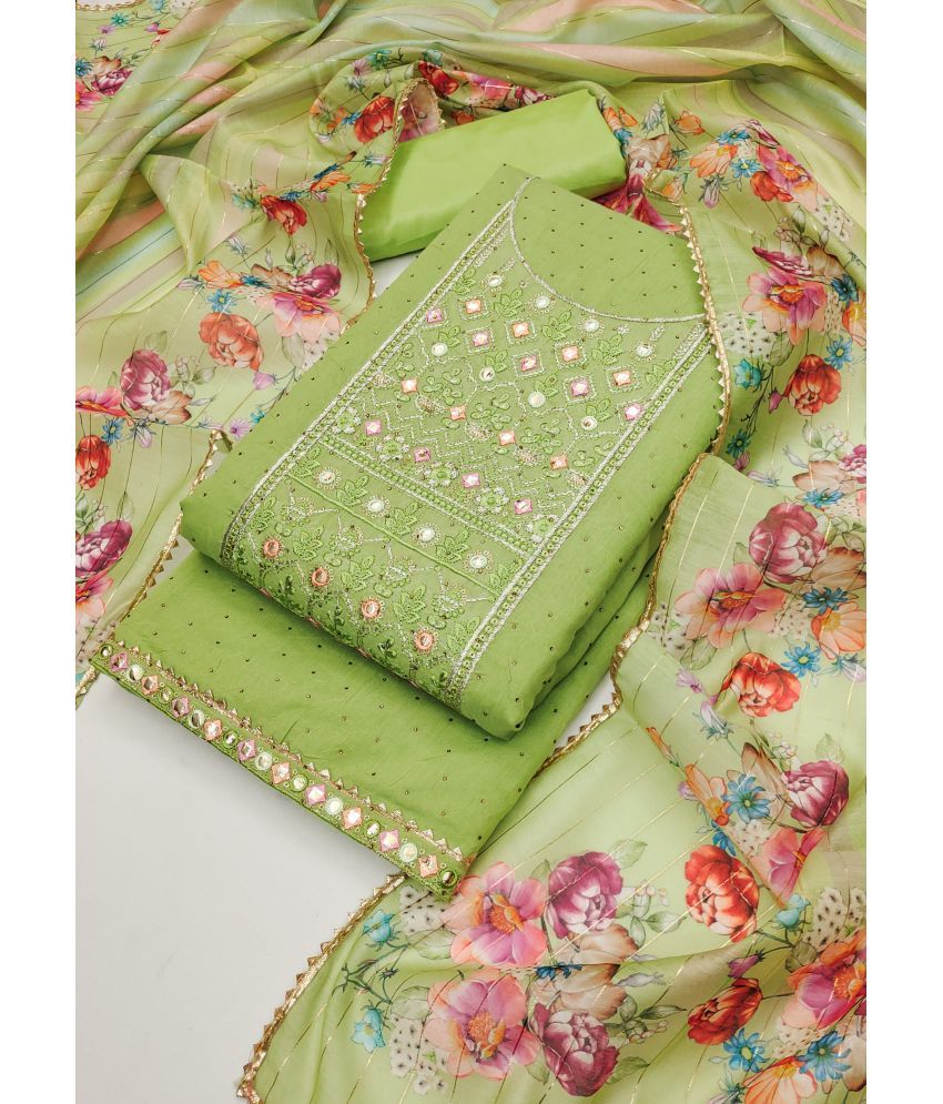     			tavas Unstitched Chanderi Embroidered Dress Material - Lime Green ( Pack of 1 )