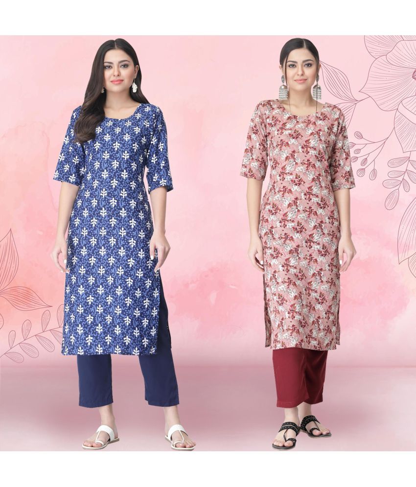     			Ethnicbasket Crepe Printed Kurti With Pants Women's Stitched Salwar Suit - Peach ( Pack of 2 )