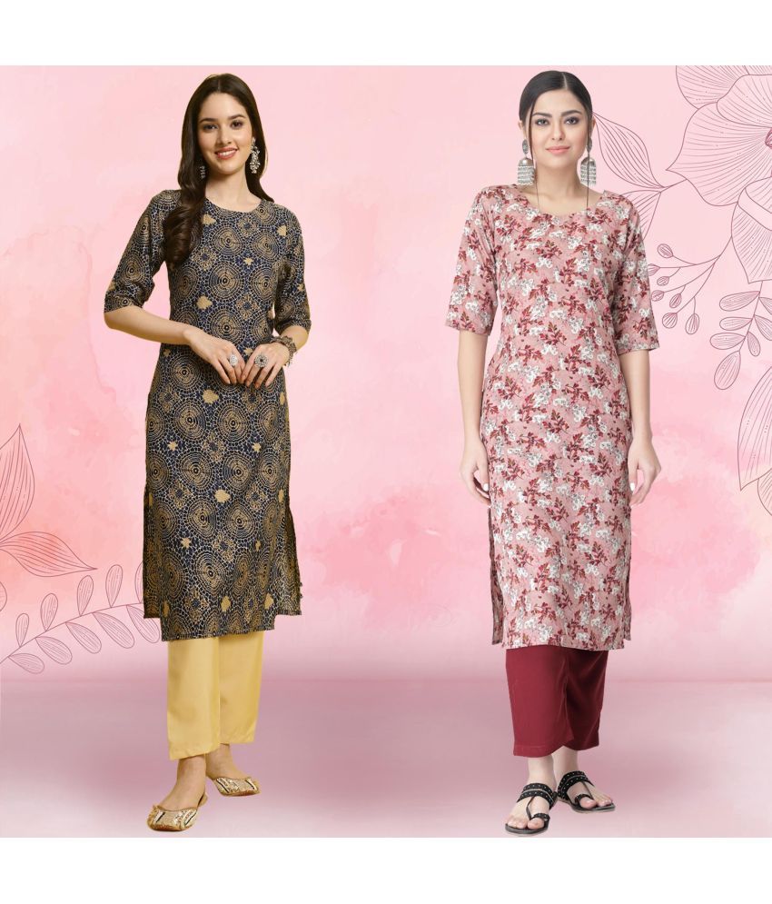     			Ethnicbasket Crepe Printed Kurti With Pants Women's Stitched Salwar Suit - Peach ( Pack of 2 )