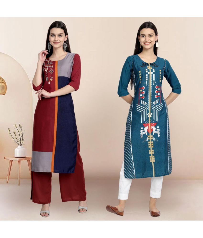     			Ethnicbasket Pack of 2 Crepe Printed Straight Women's Kurti - ( Multicolor1 )