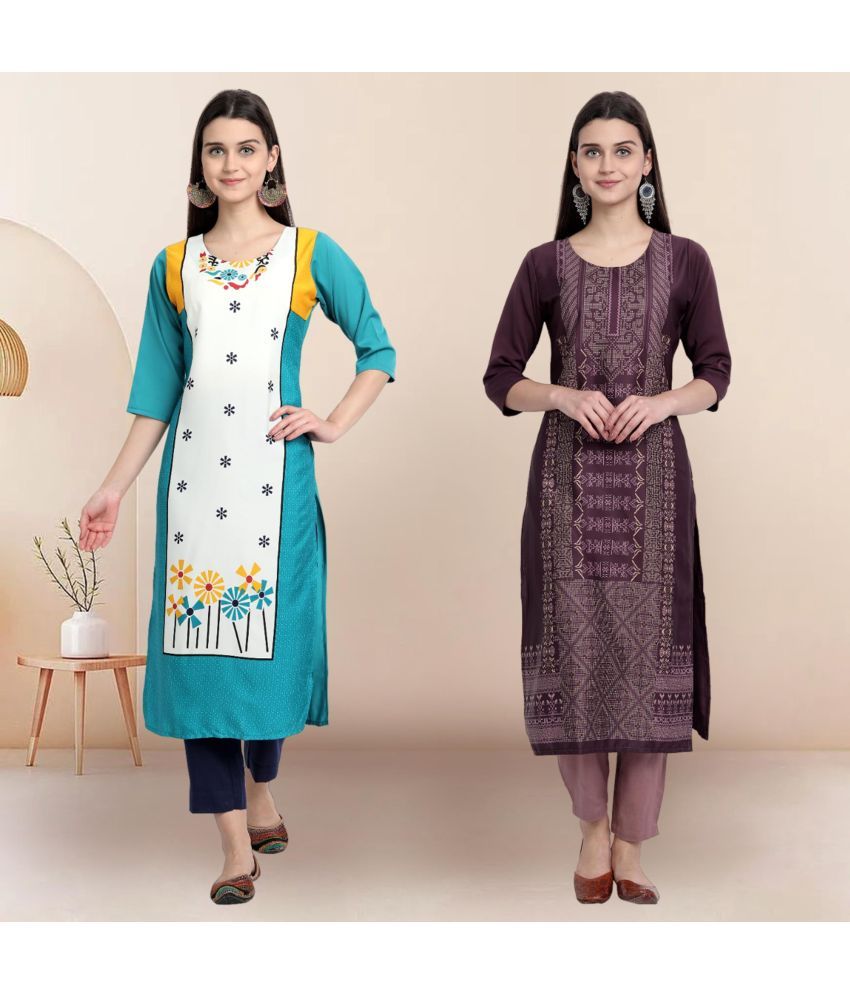     			Ethnicbasket Pack of 2 Crepe Printed Straight Women's Kurti - ( Multicolor3 )