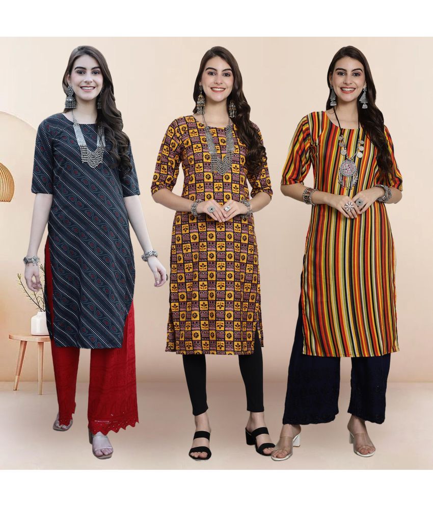     			Ethnicbasket Pack of 3 Crepe Printed Straight Women's Kurti - ( Multicolor1 )