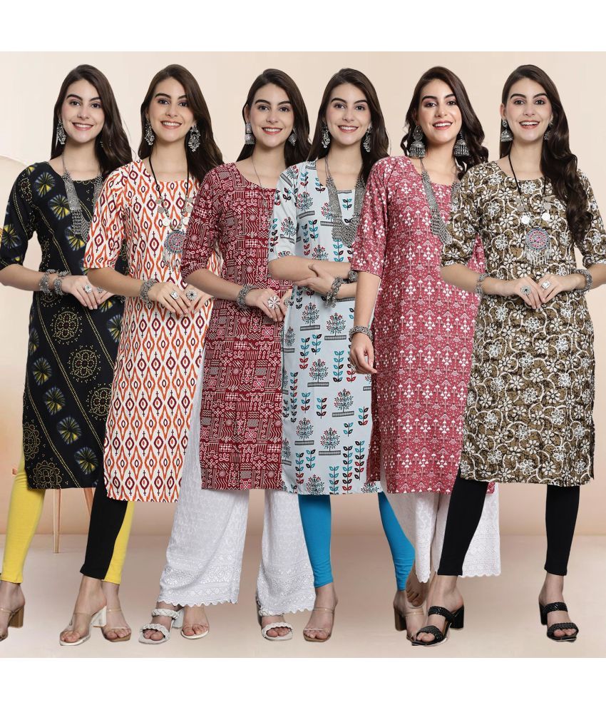     			Ethnicbasket Pack of 6 Crepe Printed Straight Women's Kurti - ( Multicolor4 )