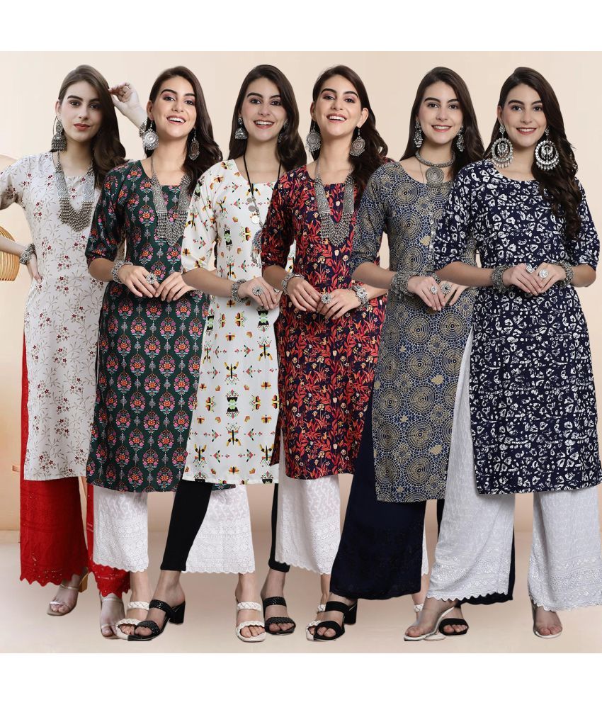     			Ethnicbasket Pack of 6 Crepe Printed Straight Women's Kurti - ( Multicolor4 )