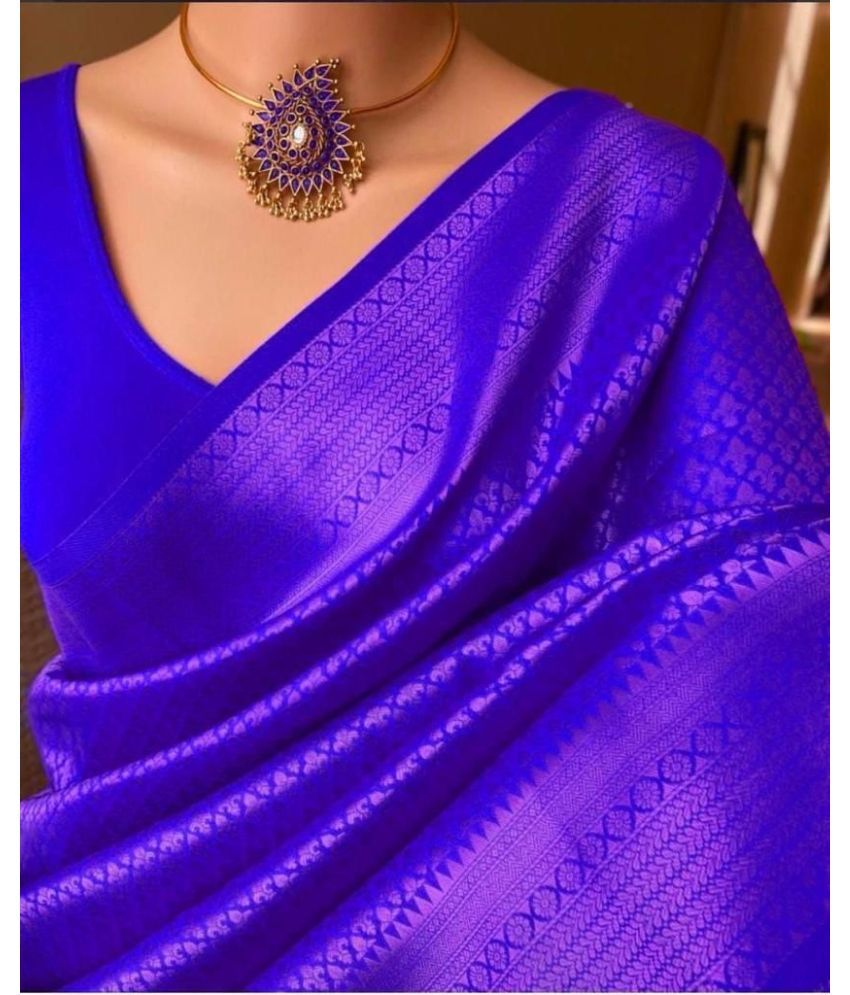     			Lady Shopi Silk Blend Embellished Saree With Blouse Piece ( Blue , Pack of 1 )