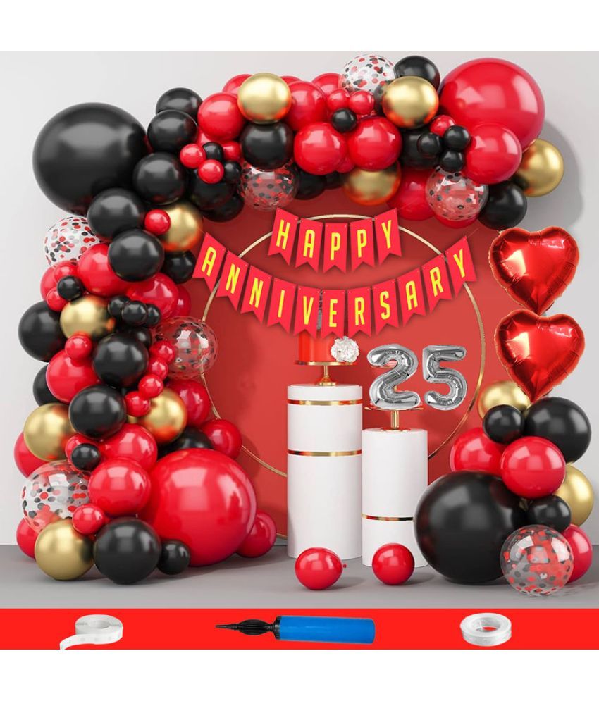     			CRAZYKART 25th Happy Anniversary Decoration Items Kit Combo For Wedding Party Decoration Pack Of 90 Pcs Red Black Gold