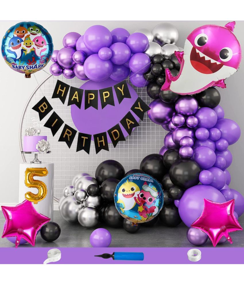     			CRAZYKART Baby Shark Theme Fifth 5th Birthday Decoration Items For Girls Party Decoration Kit Balloon Combo Pack Of 110 Pcs Purple