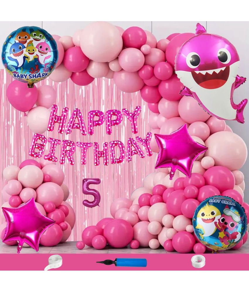     			CRAZYKART Baby Shark Theme Fifth 5th Birthday Decoration Items For Girls Party Decoration Kit Balloon Combo Pack Of 112 Pcs Pink