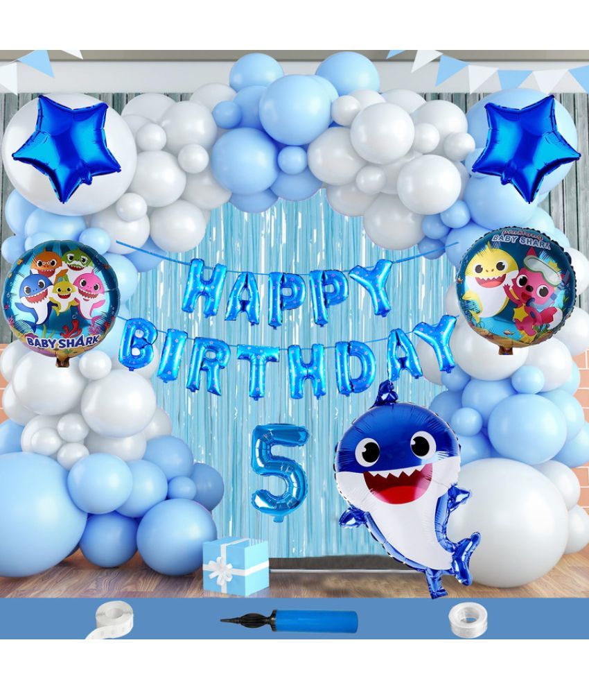     			CRAZYKART Baby Shark Theme Fifth 5th Birthday Decoration Items For Boys Party Decoration Kit Balloon Combo Pack Of 112 Pcs Blue