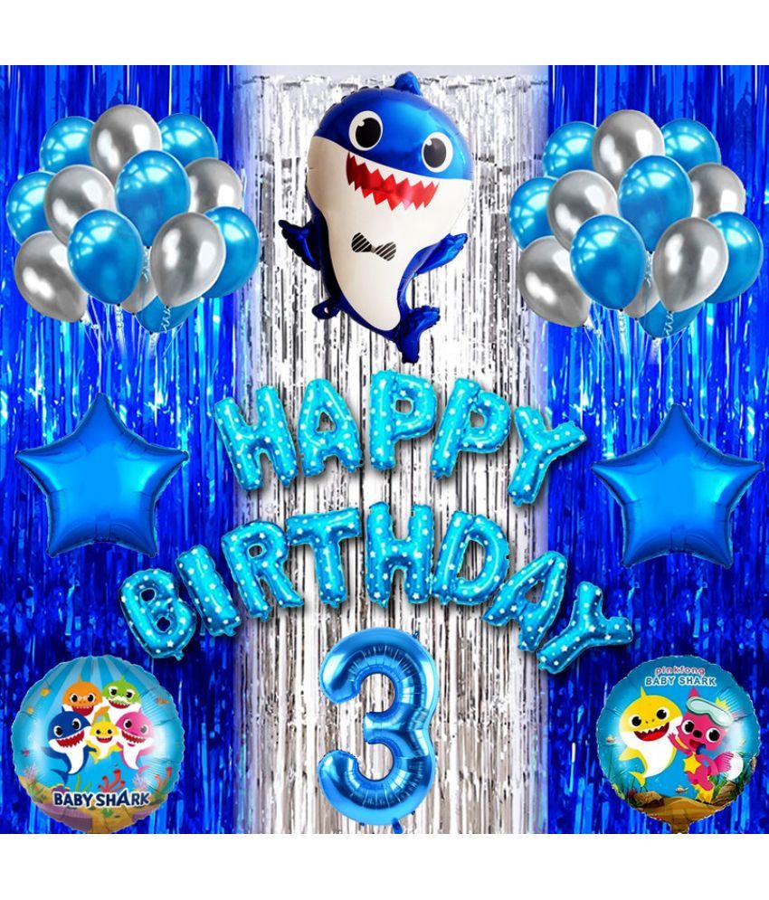     			CRAZYKART Baby Shark Theme Third 3rd Birthday Decoration Items For Boys Party Decoration Kit Balloon Combo Pack Of 40 Pcs Blue