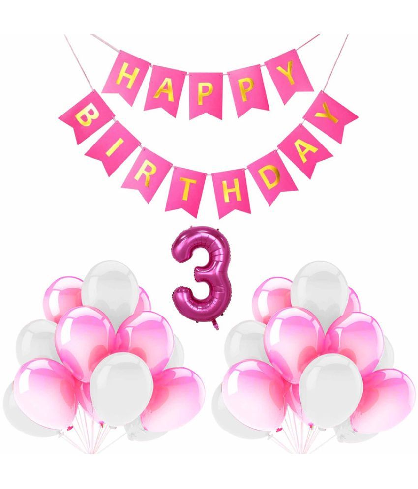     			CRAZYKART Balloon & Banner Theme Third 3rd Birthday Decoration Items For Girls Party Decoration Kit Balloon Combo Pack Of 32 Pcs Pink