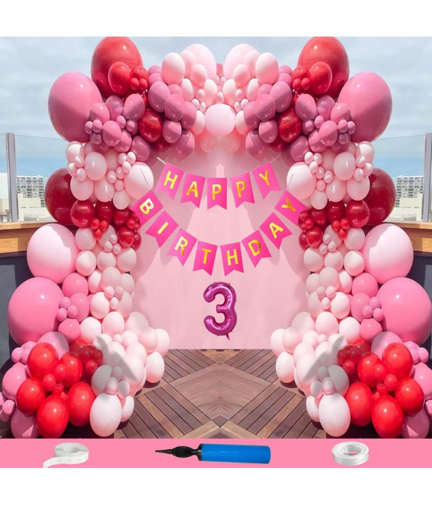     			CRAZYKART Balloon Theme Third 3rd Birthday Decoration Items For Girls Party Decoration Kit Balloon Combo Pack Of 80 Pcs Pink