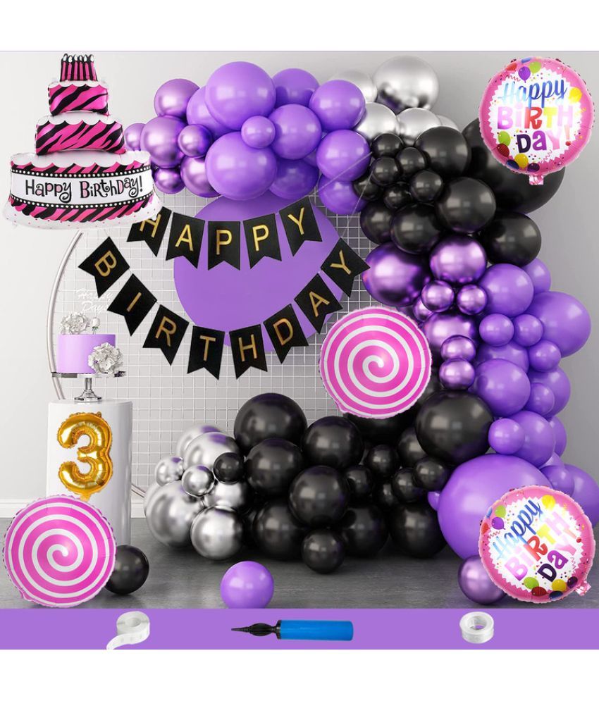     			CRAZYKART Cake Theme Third 3rd Birthday Decoration Items For Girls Party Decoration Kit Balloon Combo Pack Of 110 Pcs Purple