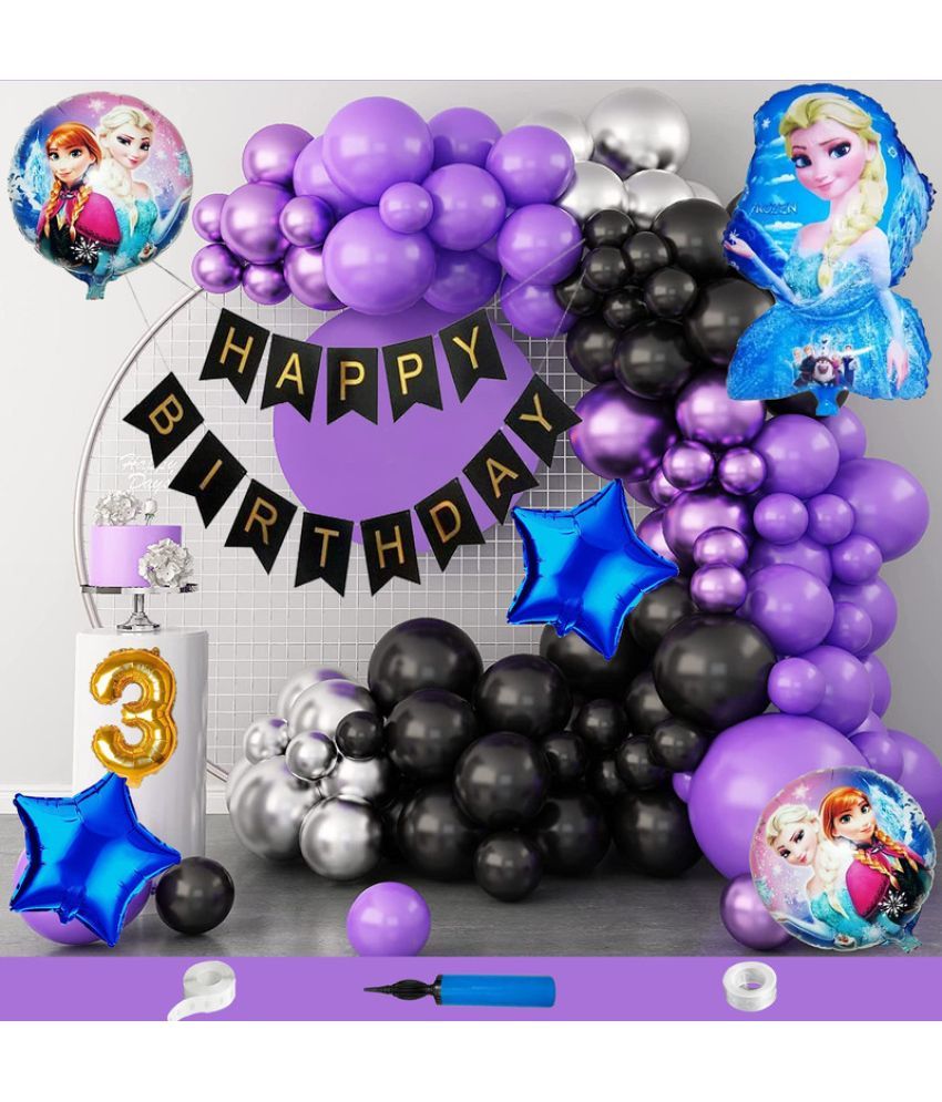     			CRAZYKART Frozen Theme Third 3rd Birthday Decoration Items For Girls Party Decoration Kit Balloon Combo Pack Of 110 Pcs Purple