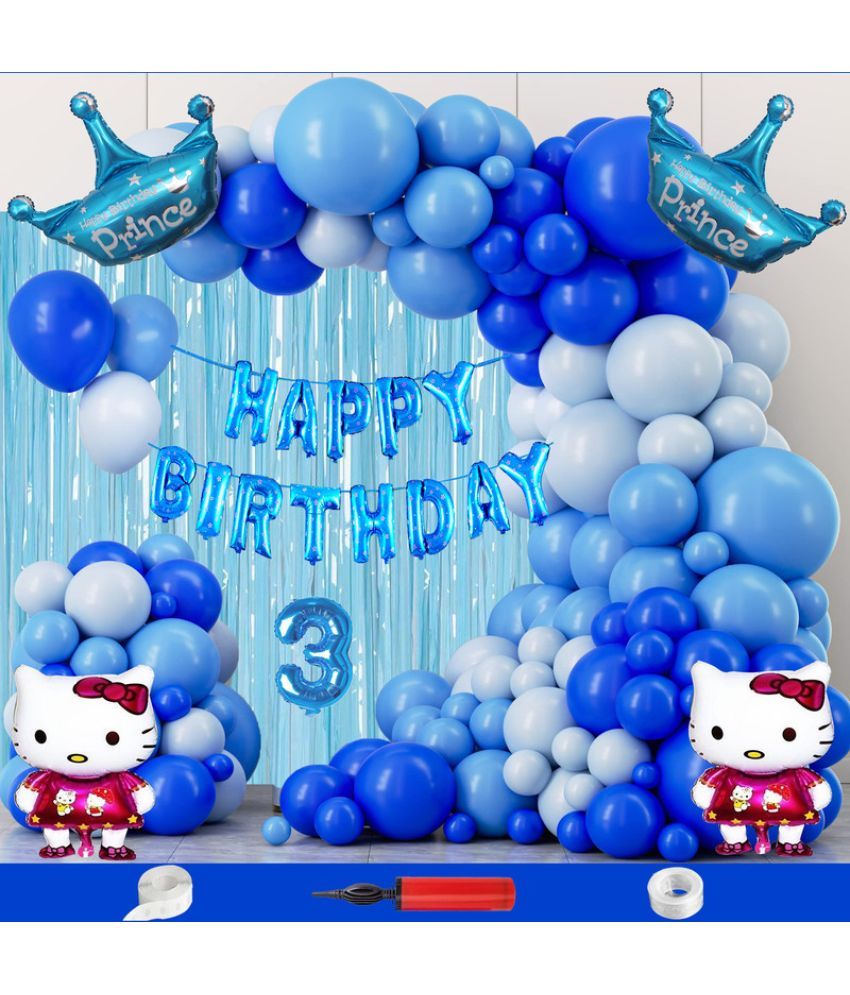     			CRAZYKART Hello Kitty Prince Crown Theme Third 3rd Birthday Decoration Items For Boys Party Decoration Kit Balloon Combo Pack Of 111 Pcs Blue