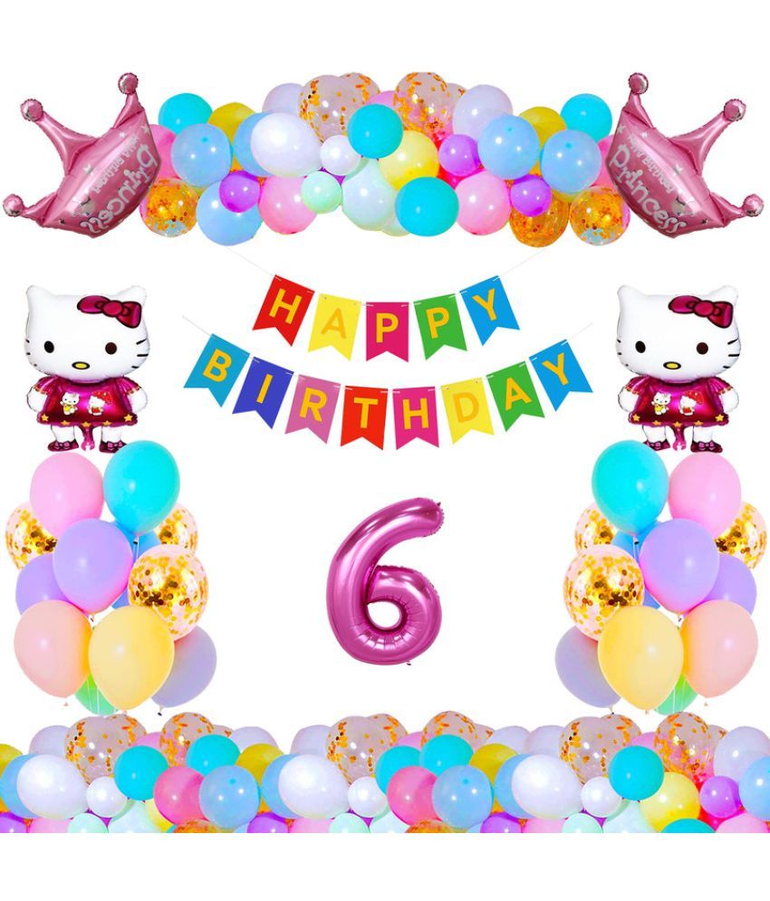     			CRAZYKART Hello Kitty Princess Crown Theme Sixth 6th Birthday Decoration Items For Girls Party Decoration Kit Balloon Combo Pack Of 36 Pcs Pink