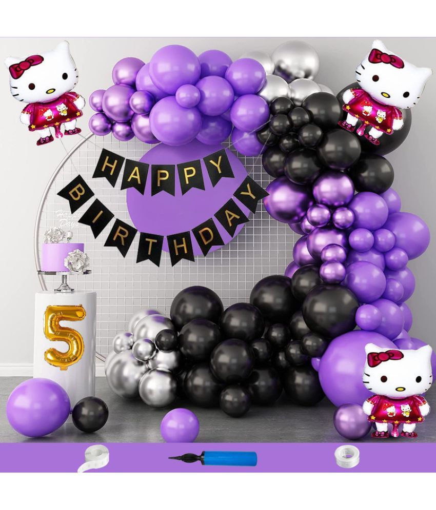     			CRAZYKART Hello Kitty Theme Fifth 5th Birthday Decoration Items For Girls Party Decoration Kit Balloon Combo Pack Of 108 Pcs Purple