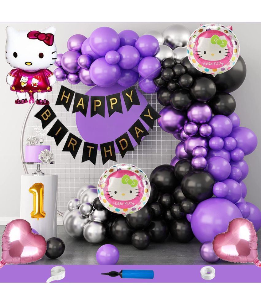     			CRAZYKART Hello Kitty Theme First 1st Birthday Decoration Items For Girls Party Decoration Kit Balloon Combo Pack Of 110 Pcs Purple