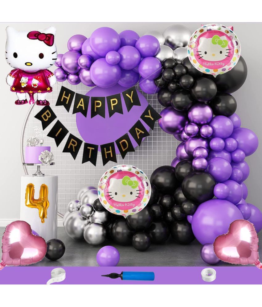     			CRAZYKART Hello Kitty Theme Fourth 4th Birthday Decoration Items For Girls Party Decoration Kit Balloon Combo Pack Of 110 Pcs Purple