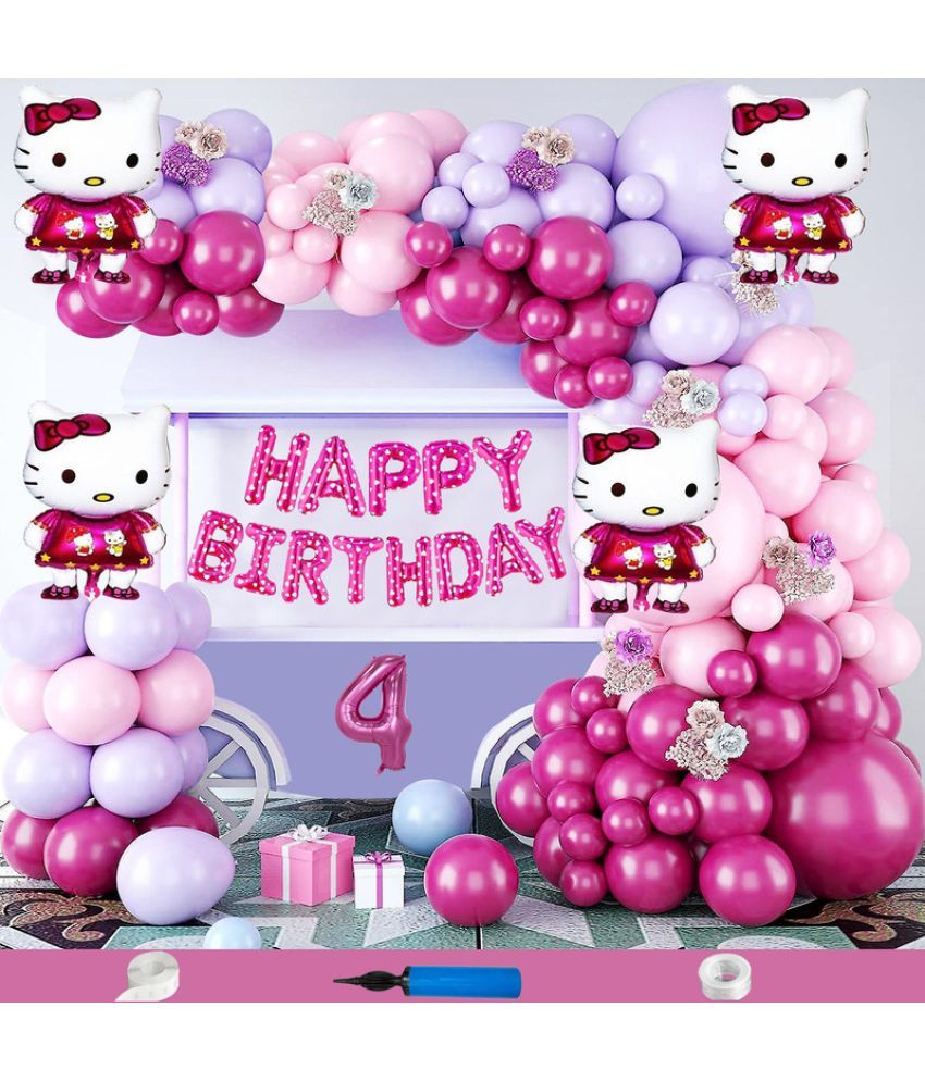     			CRAZYKART Hello Kitty Theme Fourth 4th Birthday Decoration Items For Girls Party Decoration Kit Balloon Combo Pack Of 84 Pcs Pink