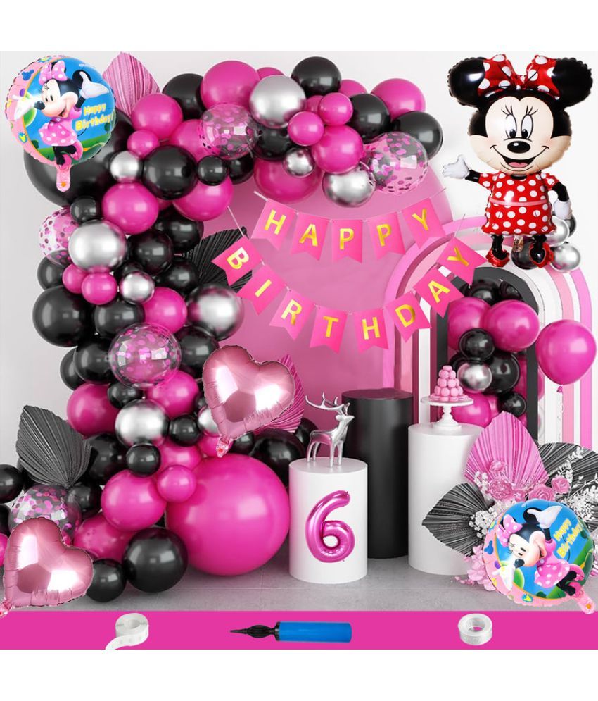     			CRAZYKART Minnie Mouse Theme Sixth 6th Birthday Decoration Items For Girls Party Decoration Kit Balloon Combo Pack Of 90 Pcs Pink