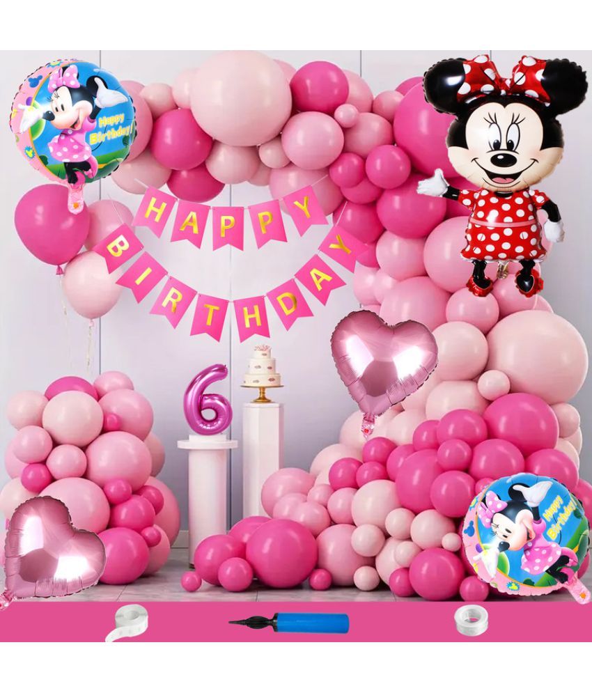     			CRAZYKART Minnie Mouse Theme Sixth 6th Birthday Decoration Items For Girls Party Decoration Kit Balloon Combo Pack Of 110 Pcs Pink