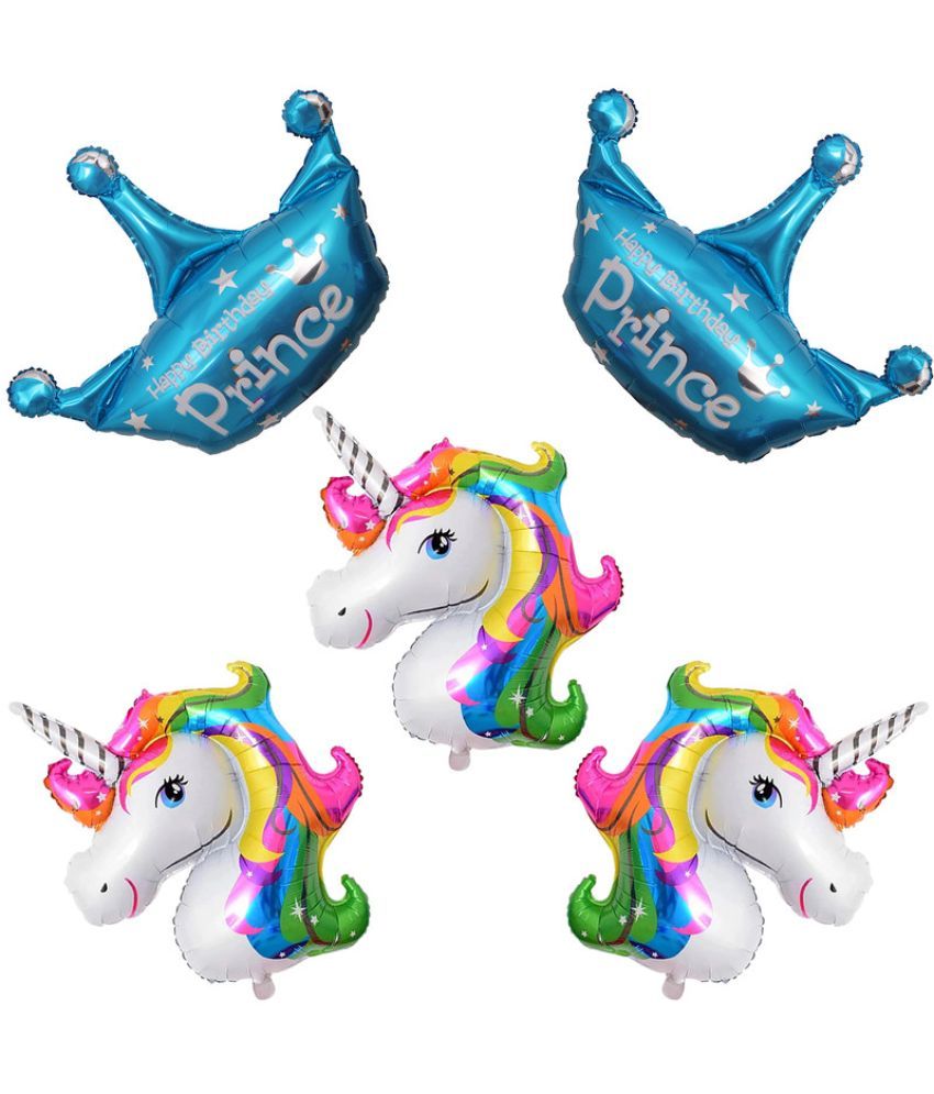     			CRAZYKART Prince Crown Unicorn Theme Foil Balloon Set For Boy Birthday Party Decoration Items Pack Of 5 Pcs Blue