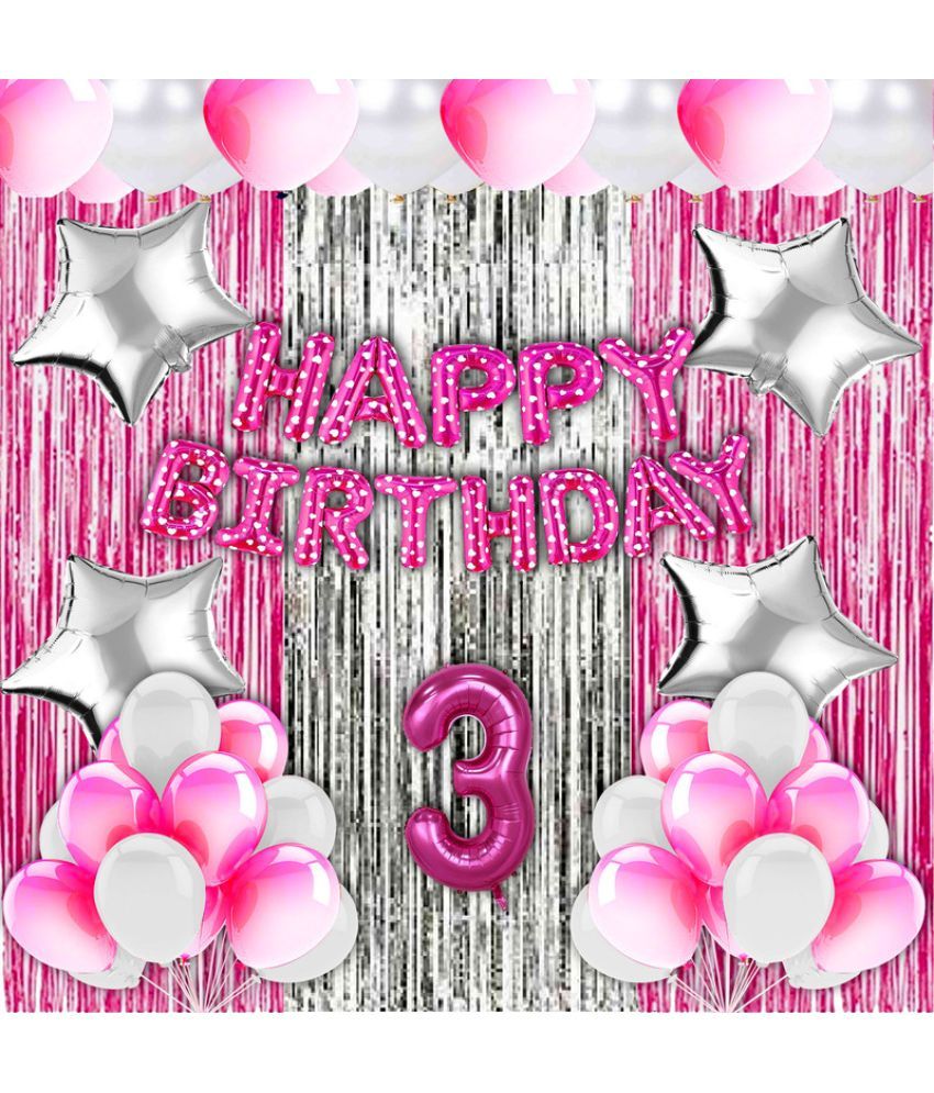     			CRAZYKART Silver Star Theme Third 3rd Birthday Decoration Items For Girls Party Decoration Kit Balloon Combo Pack Of 40 Pcs Pink