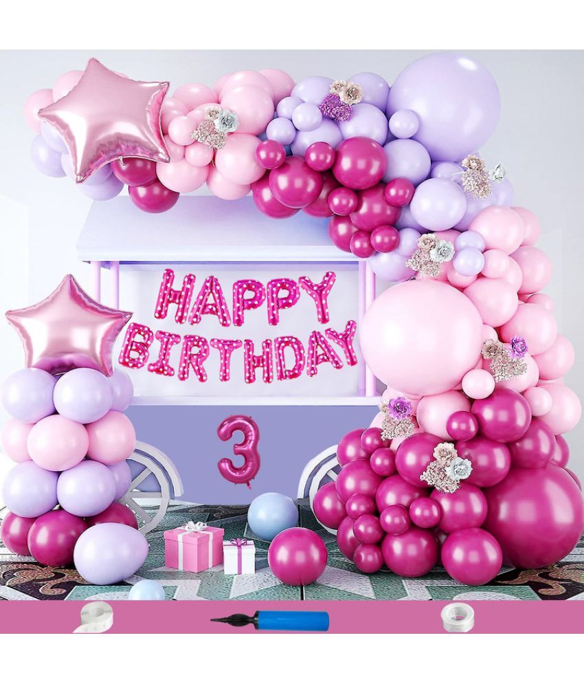     			CRAZYKART Star Theme Third 3rd Birthday Decoration Items For Girls Party Decoration Kit Balloon Combo Pack Of 82 Pcs Pink